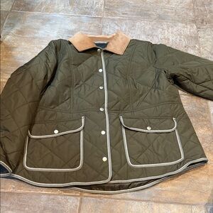 Talbots Olive Quilted Jacket with Tan Collar